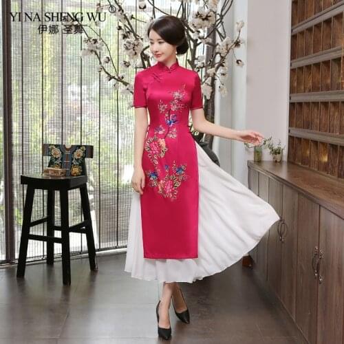 Summer New Hot Sale Satin Vietnam Ao Dai Dress Chinese National Cheongsam Short Sleeve Satin Chiffon Print Long Dress 2 Colors