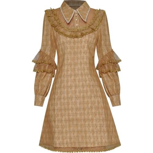 2021 Autumn Winter Fashion Designer Clothing Women Turn-down Collar Golden Lace Mesh Patchwork Long Sleeve Vintage Print Dress