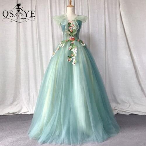 Ruffle Shoulder Prom Dresses Sleeveless Green Evening Dress Flowers Lace V Neck Tulle Puffy Prom Party Gown Lace up Back
