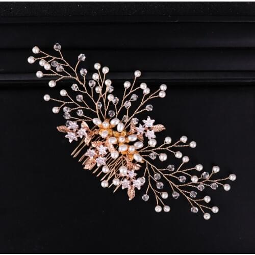 Gold Color Pearl Hair Combs Clips Handmade Crystal Stars Women Tiara Hair Jewelry For Wedding Hair Accessories Bridal Ornaments