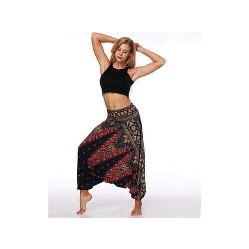 1pcs/lot Vintage Wide Leg Trousers print long pants female bohemian print pants elastic waist mid harem pants