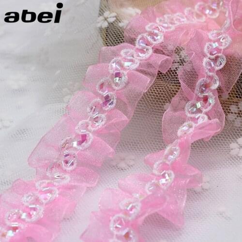 5yards/lot 2.5cm Organza Lace Ribbon Pink Pleated Chiffon lace trimming for baby girl clothes wedding dress DIY sewing material