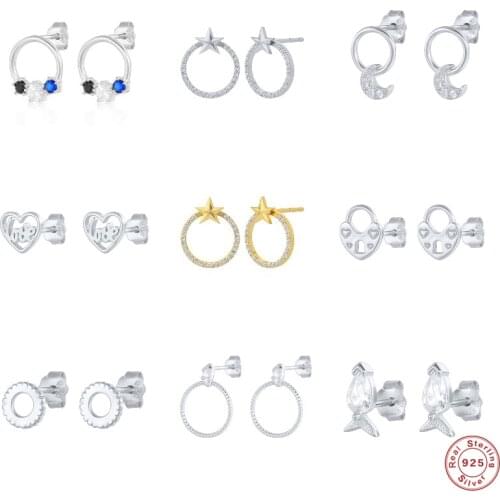 GS 925 Sterling Silver Clear CZ Zircon Moon Fish Star Stud Earrings For Women Tiny LOVE Heart Lock Ear Studs Pendiente Jewel