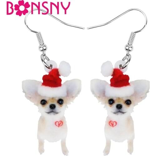 Bonsny Acrylic Christmas Hat Chihuahua Dog Earrings Drop Dangle Animal Pets Jewelry For Women Girls Teens Party Gift Accessory