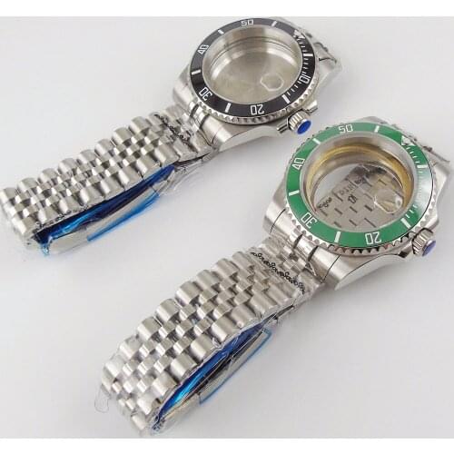 Sub Steel 40mm Watch Case for NH35 ETA 2836 MIYOTA 8215 Sapphire Glass Jubilee Bracelet Seeing/Mental Back Green Insert