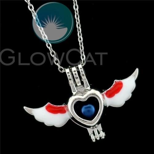 Colors Enamel Angel Wing Heart Beads Cage Pendant Essential Oil Diffuser Pearl Cage Locket Necklace R-K1070