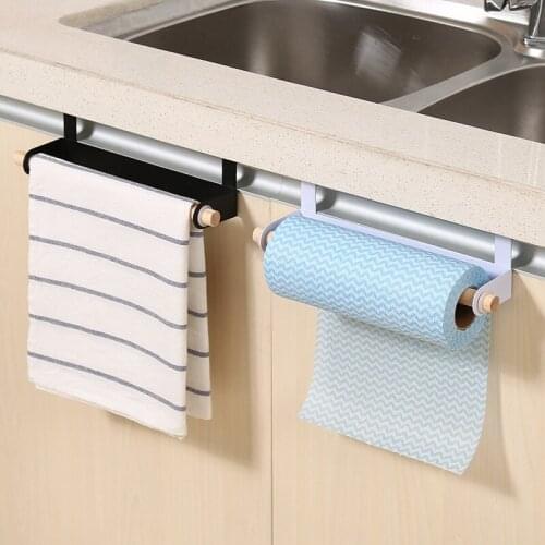 Kitchen Wood Towel Hanger Rack Bar Cabinet Cling Film Rag Hanging Holder Storage Organizer Toilet Roll Paper Metal Holder Shelf