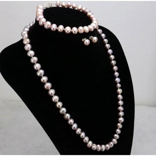 Purple pearl necklace set 7-8mm necklace 18" bracelet 7.5" earrings DIY wholesale women wear jewelry