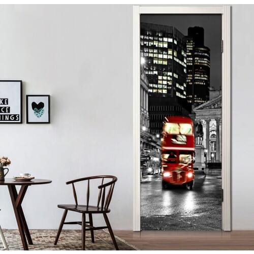 Retro Red Bus Photo Wallpaper Black And White City Backdrop 3D Wall Mural Cafe Dining Room Door Sticker PVC Self-Adhesive Murals