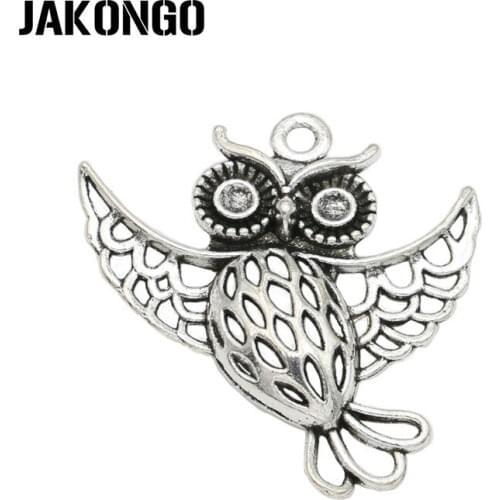 JAKONGO Antique Silver Plated Owl Charm Pendants Jewelry Accessories Making Bracelet DIY 36x36mm 5pcs/lot