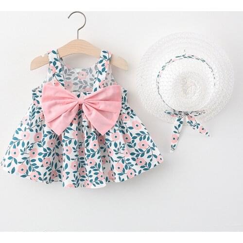 Summer Toddler Infant Baby Kids Girls Bowknot Clothes Sleeveless Cute Floral Printed Dress Party Princess Dress + Hat Set#p4