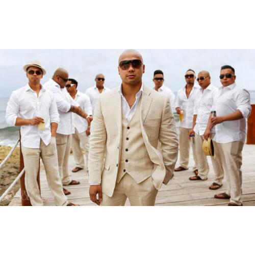 Summer Beige Linen Wedding Suits Beach Groom Tuxedos 3 Pieces (Jacket+Pants+Vest) Bridegroom Men Suits Best Man Blazer Costume