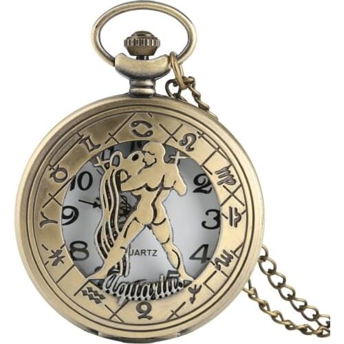 Wholesale Bronze 12 Constellations Aquarius Women Pocket Watch Quartz Half Hunter Men Fob Watches Copper Modern Clock Necklace