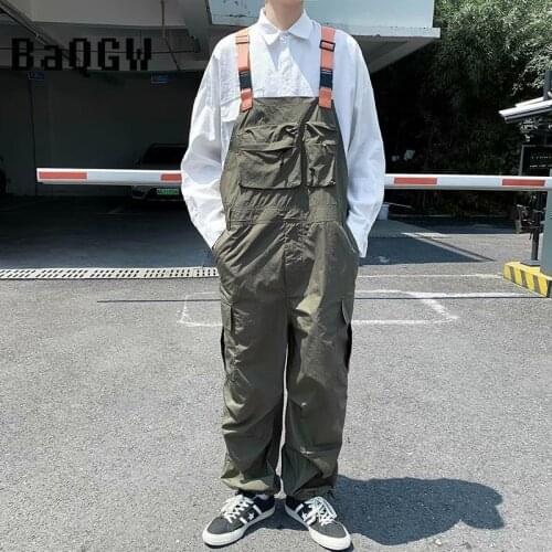 Korean Style Retro One-piece Overalls Men Loose Buckle Button with Straps Pocket Jumpsuit Casual Long Pants Black Green Outfits