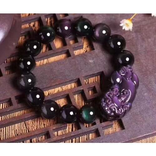 Natural Black Obsidian Rainbow Gemstone Round Beads Stretch Bracelet 14 mm AAAA