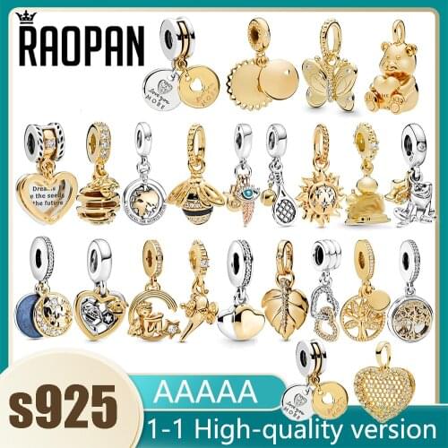 RAOPAN new golden cute little bee tennis racket double heart charm charm 925 silver gift for girlfriend