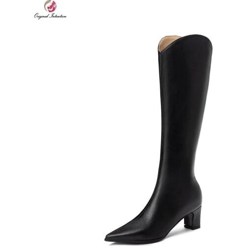 Original Intention Winter Stylish High Quality Knee High Black Boots Woman Elegant Pointed Toe Chunky Heels Elegant Shoes Female