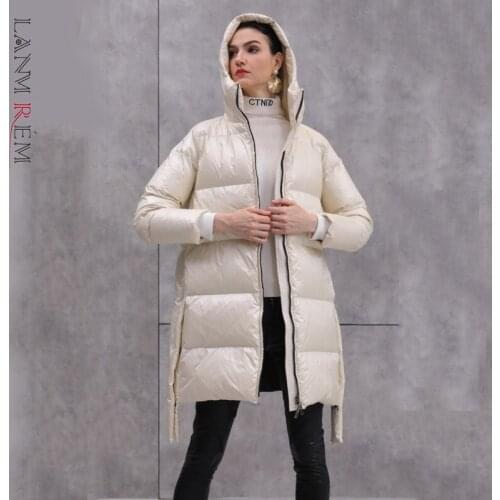 LANMREM black mid-length down jackets with zipper warm hooded all-match coat winter new white duck down clothes A1563