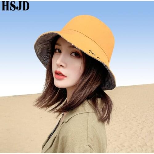 Double-sided Plaid Cotton Sun Bucket Hat Summer Womens Cap Wide Brim Foldable Anti-UV Flat Fisherman Cap Panama Female Hat