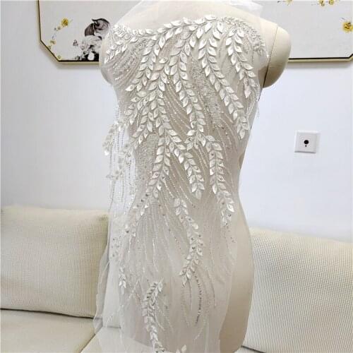 Leaves Glass Beads And Sequins Long Lace Patches DIY Wedding Dress Sewing Accesories Luxury VJZQ081823