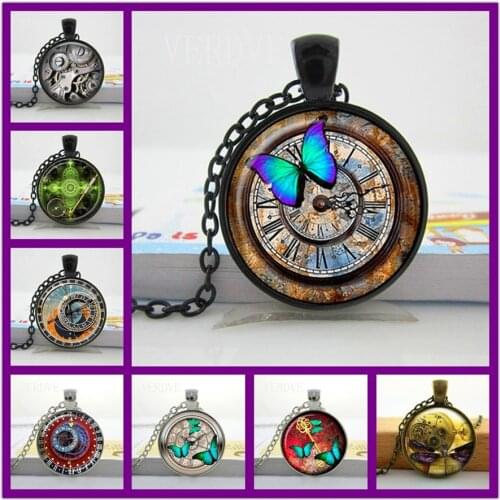 VERDVE Glass Photo Cabochon Necklace Steampunk Clock Necklace Glass Dome Pendant Handcrafted Jewelry Butterfly Pattern