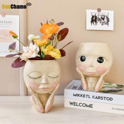 Human Face Vase Decoration Big Eyes Doll Resin Flowerpot Figure Sculpture Crafts Storage Container Flower Arrangement Container