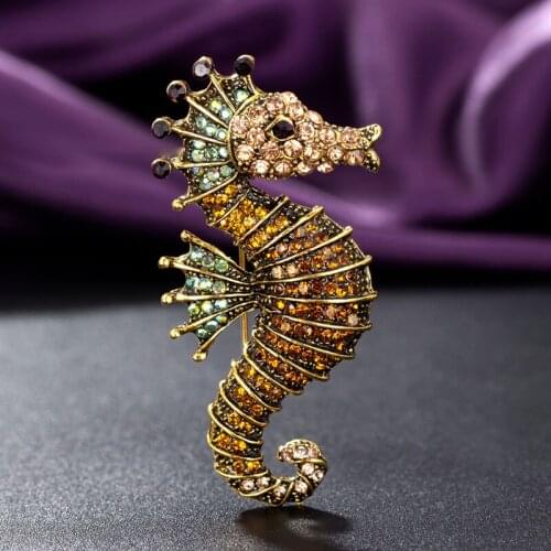 Zlxgirl jewelry antique silver vintage seahorse shape brooches jewelry for women and men gifts rhinestone crystal scarf pins