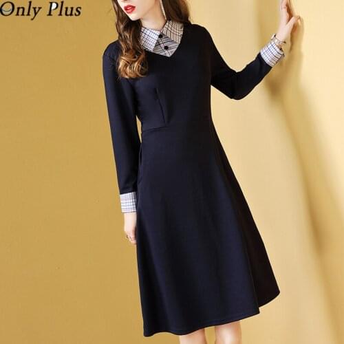 Only Plus Womens Autumn Clothing 2021 New Peter Pan Collar Fake Two Piece Plaid Slim Thin Ladies Temperament Dress Vestidos