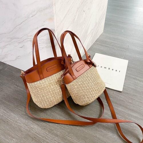 Fashion PU Leather Shoulder Messenger Bags For Women Casual Straw Knit Splicing Ladies Daily Beach Holiday Crossbody Handbags