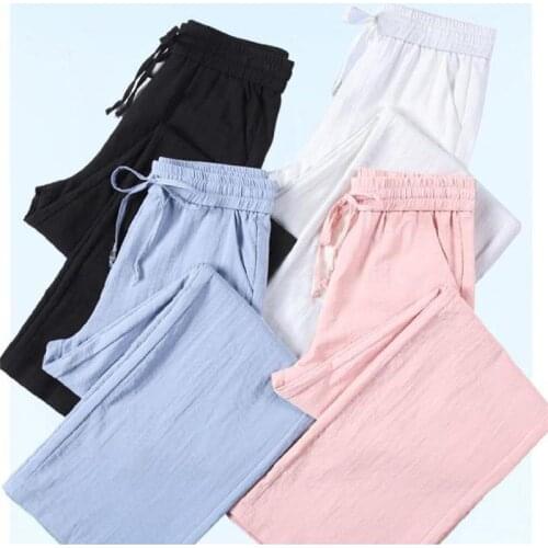 Plus Size Women Pants Summer Elastic Waist Loose Casual Wide-Leg Pants Womens Pocket Cotton Linen Trousers Female Hot sale New