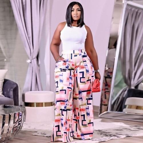 Plus Size Bottoms Pants for Women Stretchy Wide Leg Pant Geometric Print Elastic Waist Loose Trouser Dropshipping Wholesale
