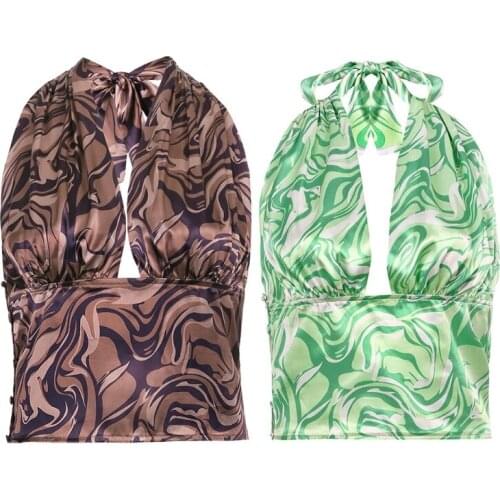 Women Summer Sexy Halter Backless Crop Top Deep V-Neck Satin Slim Camisole Harajuku Abstract Striped Print Short Vest