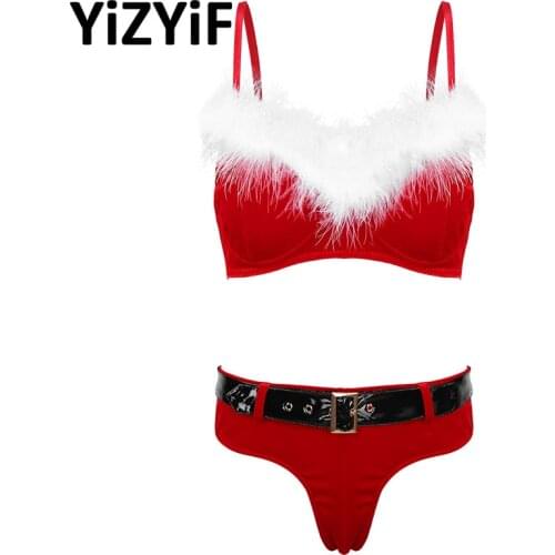 Womens Soft Velvet Christmas Costume Sexy Lingerie Set White Feather Trimmed Bra Top Low Waist Briefs Underwear With Waist Belts