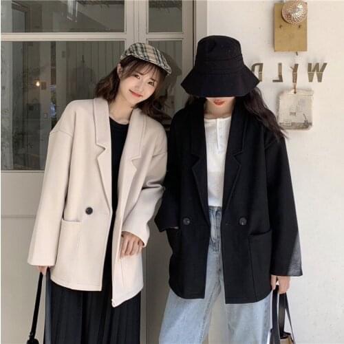 2021 New Suit Set Single-breasted Vintage Blazers Women Spring Pocket Blazer Women Jackets Solid Color Oversized woman Coats