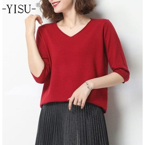 YISU 2021 Women Simple Middle sleeve Sweater Pullover Summer V-Neck Solid color Knitted pullover Female Casual Thin T-shirt