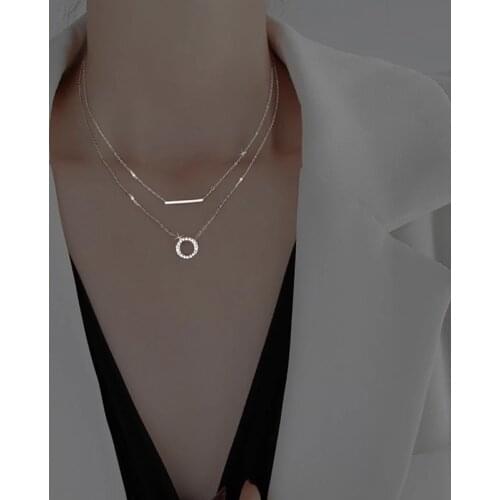 925 Sterling Silver Circle Bar Necklace for Women Double Layer Geometric Necklace Friendship Jewelry Gifts