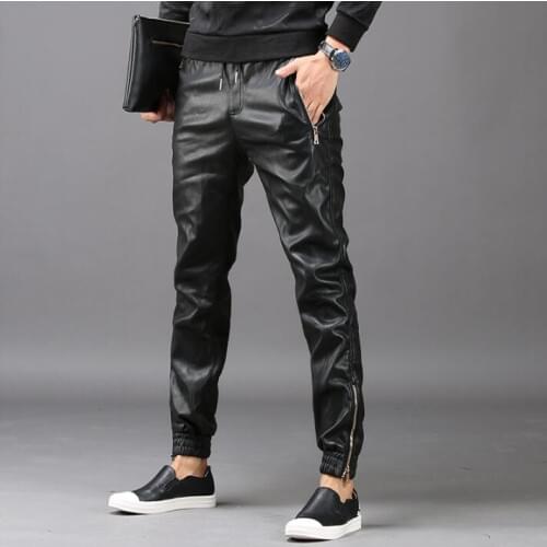 Winter personality fashion harem pants mens leather trousers pantalones hombre cargo feet pants for men lus velvet thickening