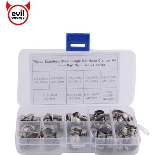 Evil energy 70pcs/set 5.3-14.0mm 304 Stainless Steel Ear Hose Clamp Hose Fuel Clamps Assortment For Hydraulic Hose Fuel O Clips