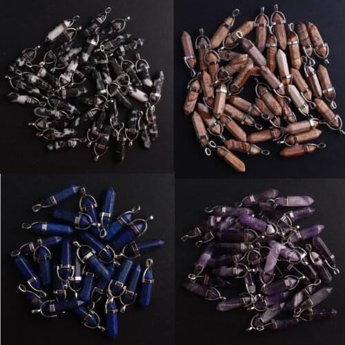 100PCS Factory Outlet Natural Gems Stone Necklace Pendants For DIY Jewelry Making Necklaces Lapis Chakra Hexagonal Pendulum