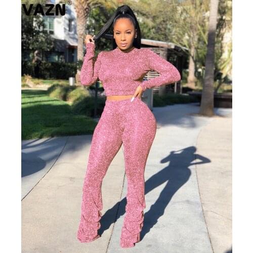 VAZN 2020 Top Quality Sexy Club Sweet Flaring Energy Solid High Waist Full Sleeve Flare Long Pants Skinny Women 2 Piece Set