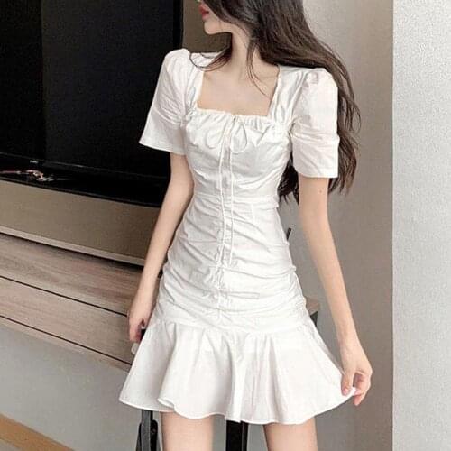 80% Hot Sales!!! Women Dress Ruffled Hem Square Neck Polyester Short Sleeve White Streetwear for Date