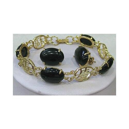 Free Shipping >> Natural Black jade Rich stone Earrings / Bracelet Set AAA