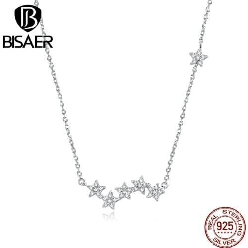 BISAER Hot Sale 925 Sterling Silver Brilliant Stars Long Necklaces Pendants for Women Sterling Silver Fine Jewelry ECN419