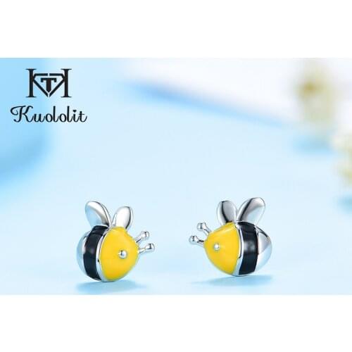 Kuololit Cute Stud Earrings for Children Girls Solid 925 Sterling Silver Black and yellow enamel bee earrings Mini Brand Earring