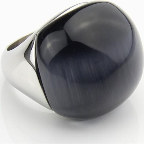 LYCOON Fashion 100% satisfied big natural Cats eyes stone round ball Rings 316L Stainless steel Grey opal stone ring for women