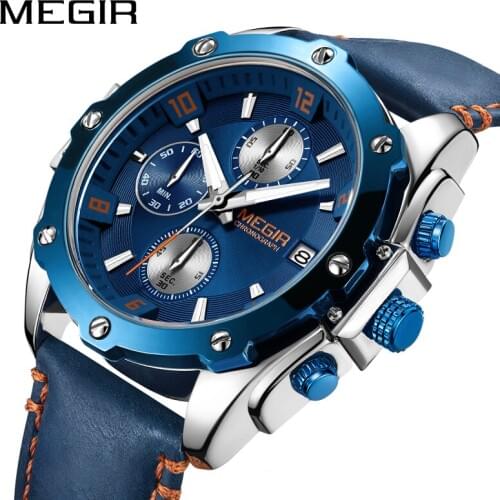 MEGIR Creative Quartz Men Watch Leather Army Military Watches Chronograph Sport Wristwatches Men Clock Relogio Masculino Hour