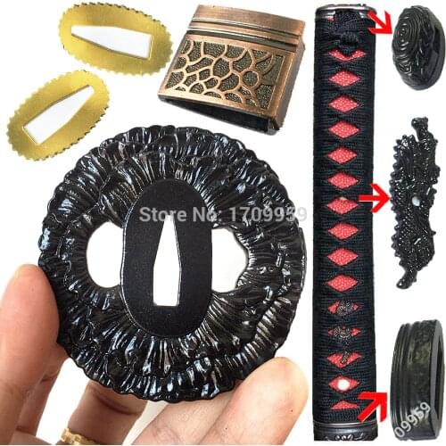 Metal Crafts Iron Sword Guard/Handle DIY Set Fittings for Japan Katana/Wakizashi/Tanto Tsuba+Menuki+Fuchi+Kashira+Habaki+Seppa