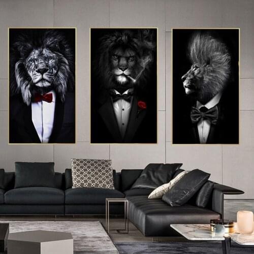 Funny Knight Black White Animal print Canvas Painting Suit Rose Flower Lion Poster Wall Picture Art for Aisle Parlour Decor