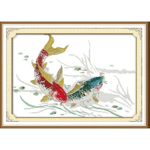 Playing carps cross stitch kit 14ct 11ct pre stamped canvas cross stitching animal lover embroidery DIY handmade needlework
