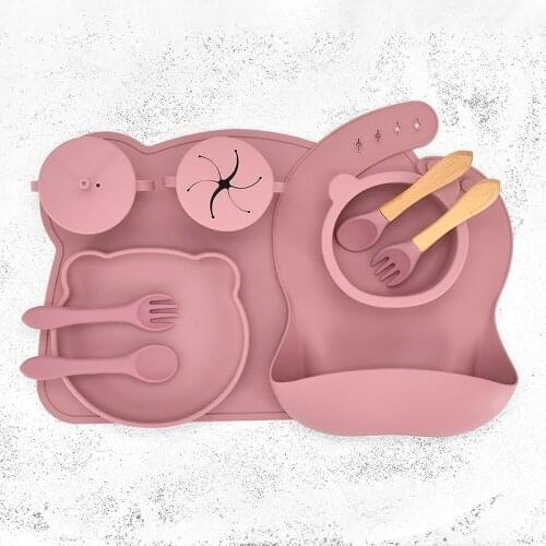 Baby Feeding Tableware Set Food Grade Silicone BPA-Free Nou-Slip Suction Plates Bowl Dinner Mat Waterproof Cup Solid Dishes Set